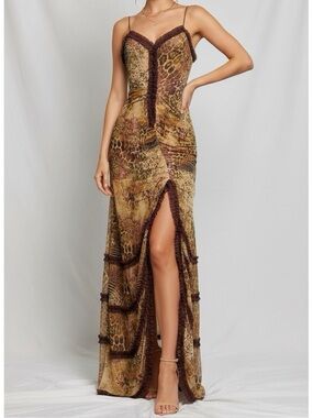 JADED LONDON Fatale Mesh Maxi Dress, Leopard Sunrose, 10 (US)